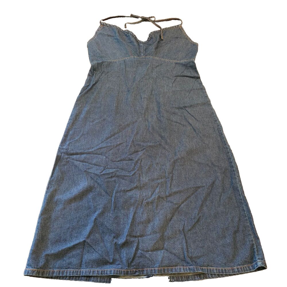 Denim Halter Midi Dress Size 10 Y2K Coquette Summer Festival Cottagecore Casual